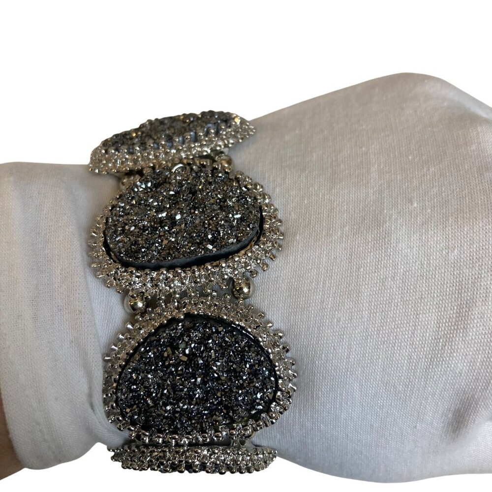 Silver Tone Druzy Wide Stretch Bracelet Oval Panels Sparkle Statement Runway
